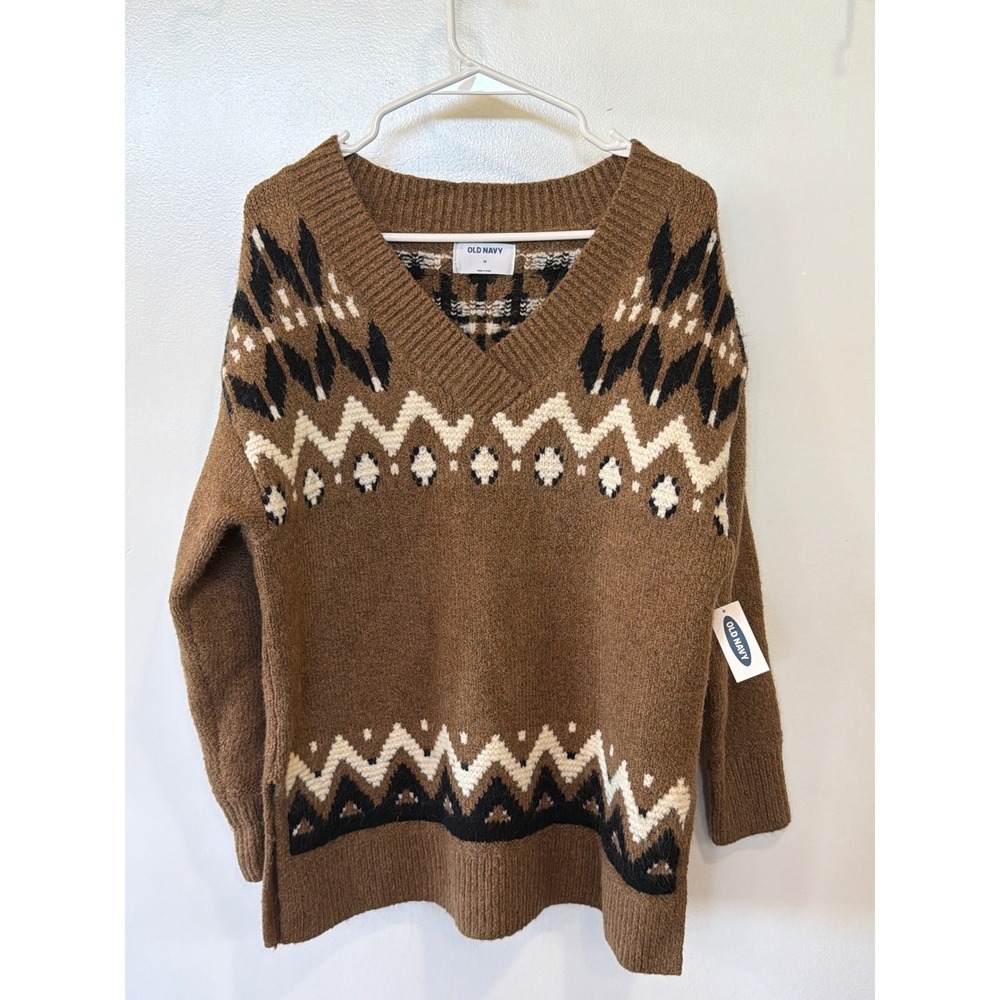 Old Navy Womens Brown Fair Isle V-Neck Sweater Relaxed Fit XS New